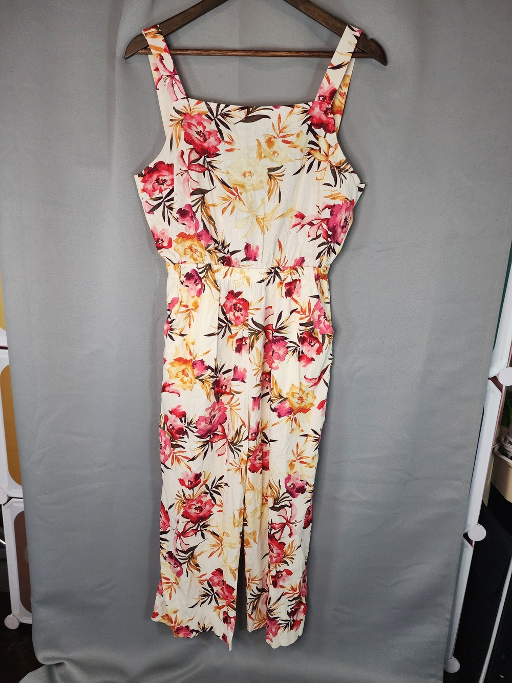 Cream Floral Wide-Leg Jumpsuit with Pink & Yellow Blooms